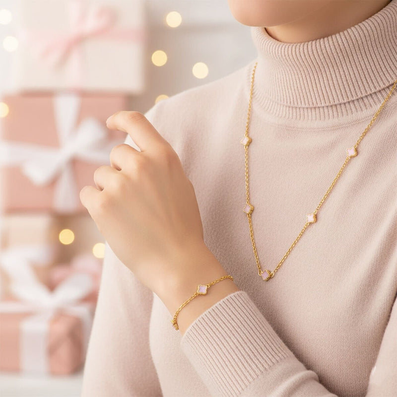 14K Yellow Gold Pink Clover Mother of Pearl Necklace and Bracelet Set