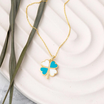 14K Yellow Gold Minimalist Clover Turquoise Necklace