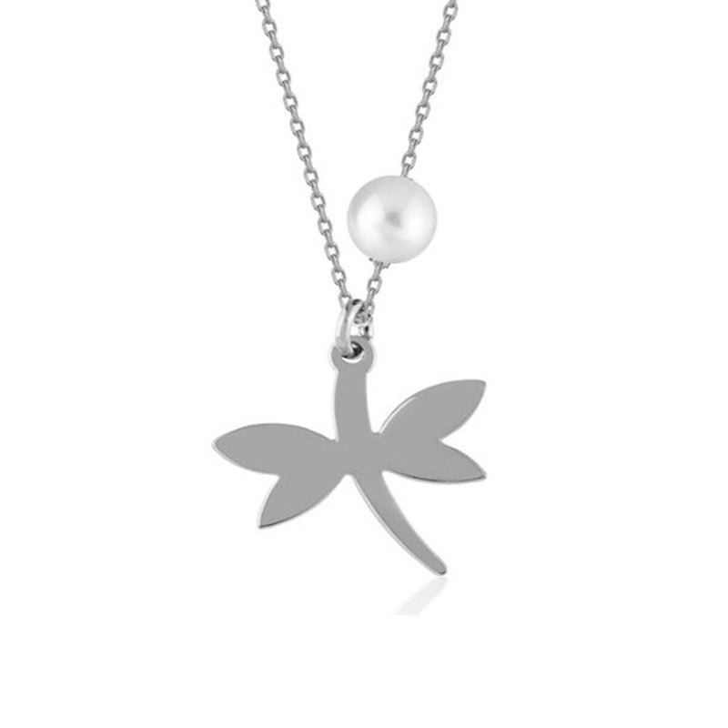 14K White Gold Dragonfly Pearl Necklace