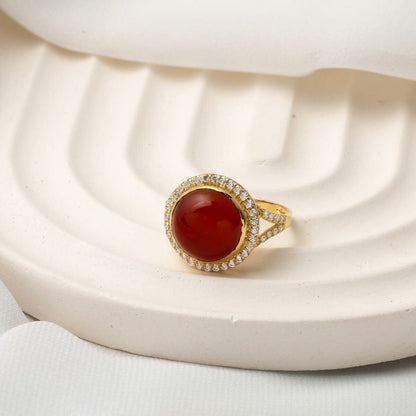 14K Yellow Gold Round Agate Ring