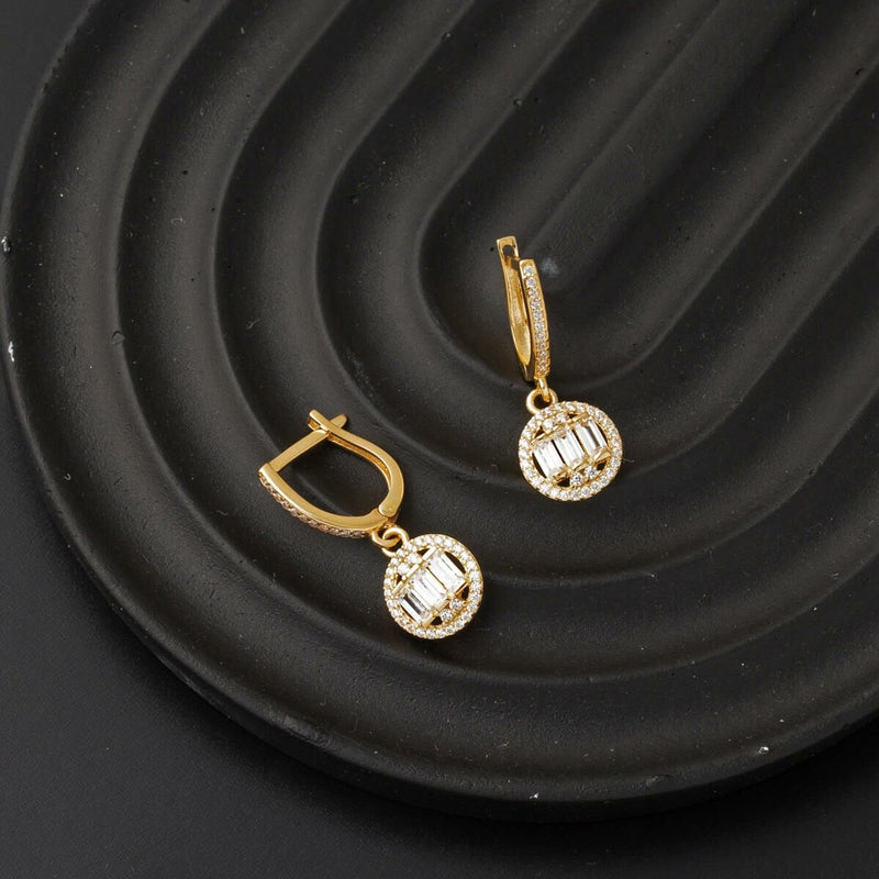 14K Yellow Gold Round Baguette Dangle Cubic Zirconia Earrings