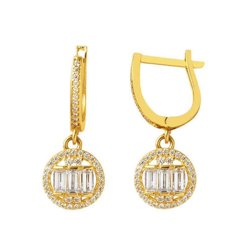 14K Yellow Gold Round Baguette Dangle Cubic Zirconia Earrings