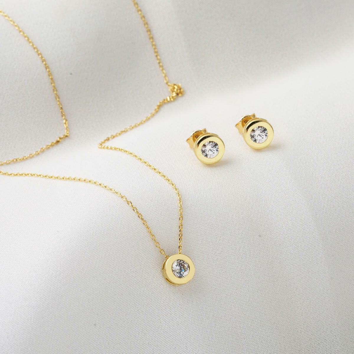 14K Yellow Gold Round Single Cubic Zirconia Jewelry Set
