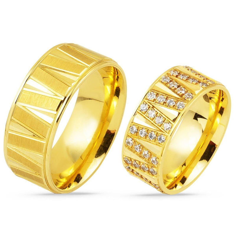 14K Yellow Gold Zigzag Cubic Zirconia Wedding Band Ring Set