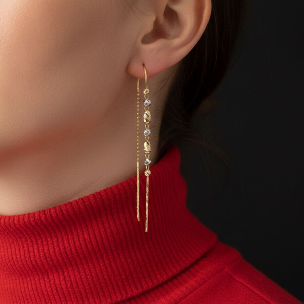 14K Yellow Gold Two-Tone Gold Bead Dangle Earrings
