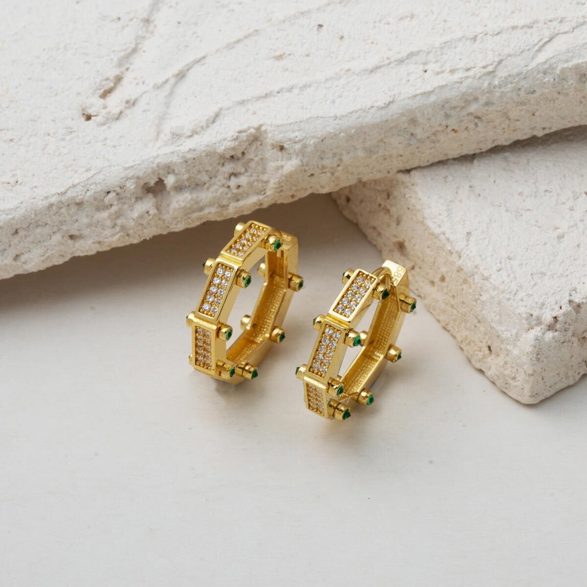 14K Yellow Gold Emerald Sparkle Cubic Zirconia Hoop Earrings