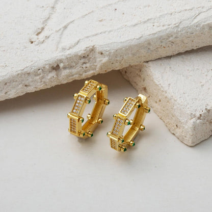 14K Yellow Gold Emerald Sparkle Cubic Zirconia Hoop Earrings