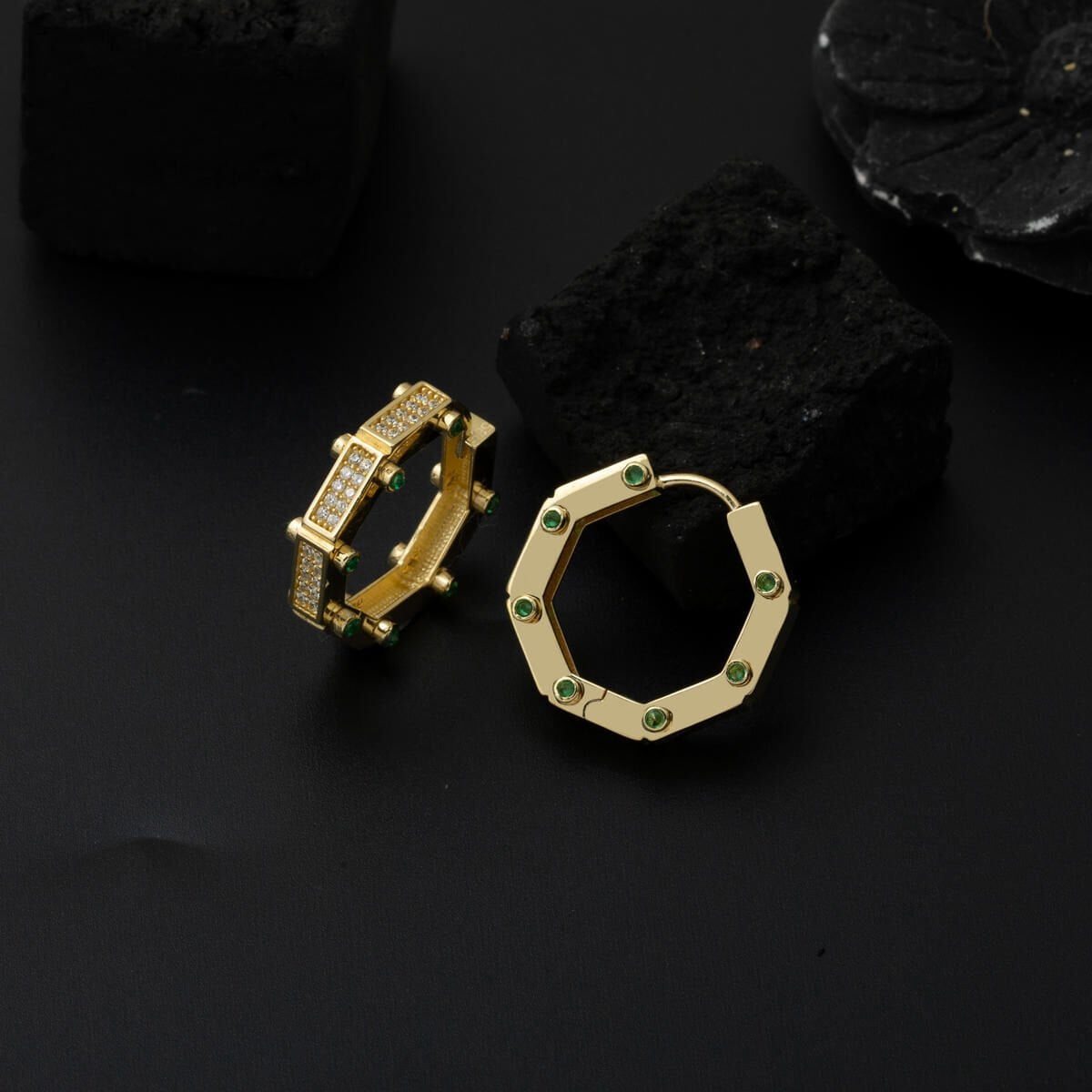 14K Yellow Gold Emerald Sparkle Cubic Zirconia Hoop Earrings