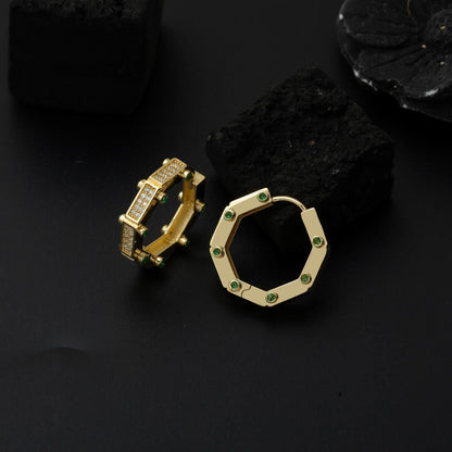 14K Yellow Gold Emerald Sparkle Cubic Zirconia Hoop Earrings