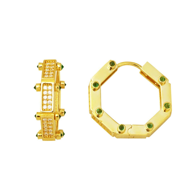 14K Yellow Gold Emerald Sparkle Cubic Zirconia Hoop Earrings