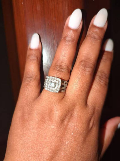 3.0 Ct. Diamond Engagement Wedding Double Cushion Halo Trio Ring Set 10k White or Yellow Gold
