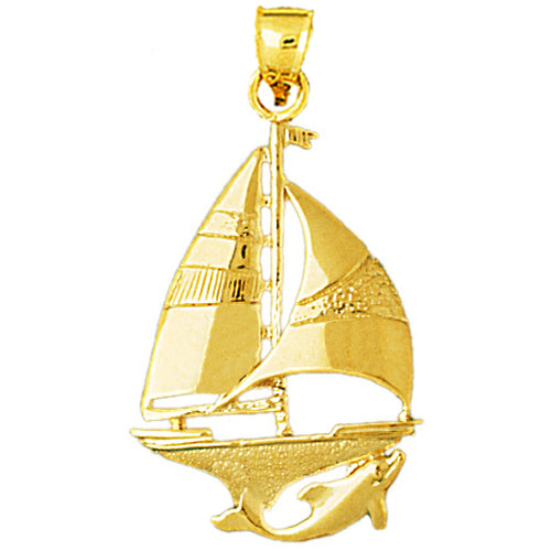 14K Gold Sailboat with Dolphin Swimming Pendant