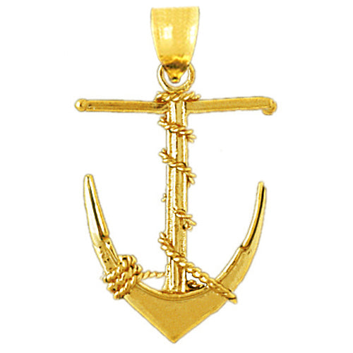 14K Gold 3-D Ship Anchor with Sailor Rope Pendant