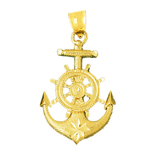 14K Gold 35MM Ship Wheel and Anchor Pendant
