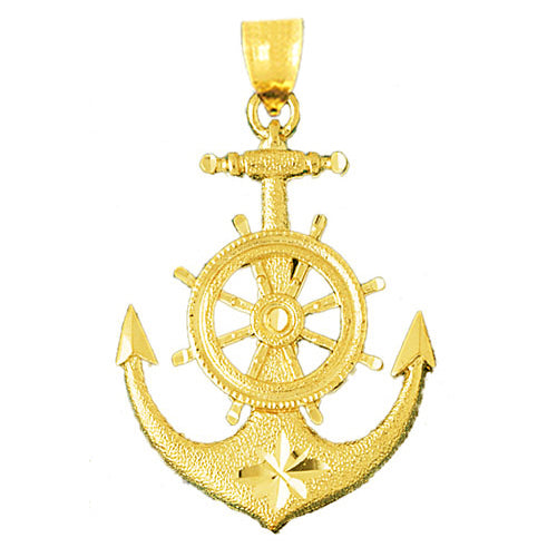 14K Gold 42MM Ship Wheel and Anchor Pendant