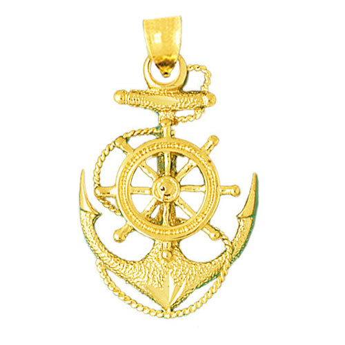 14K Gold Ship Wheel, Rope and Anchor Pendant