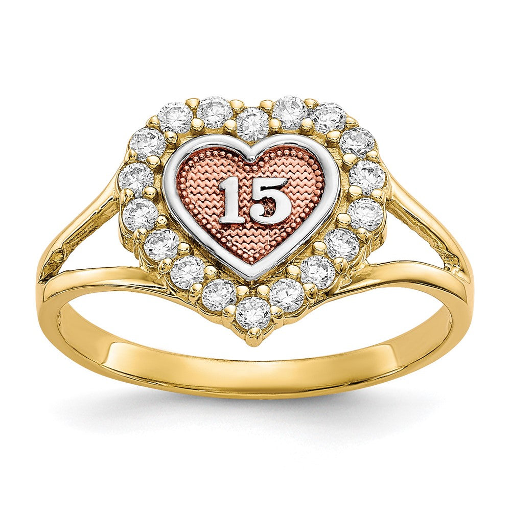 10k Two-Tone Gold Sweet 15 CZ Heart Ring