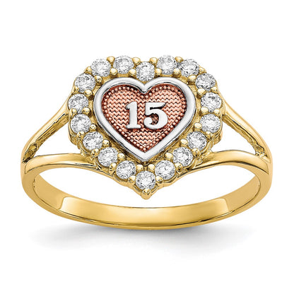 10k Two-Tone Gold Sweet 15 CZ Heart Ring