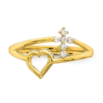 10K Yellow Gold Heart And Cross CZ Ring