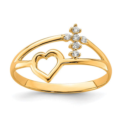 10K Yellow Gold Heart And Cross CZ Ring