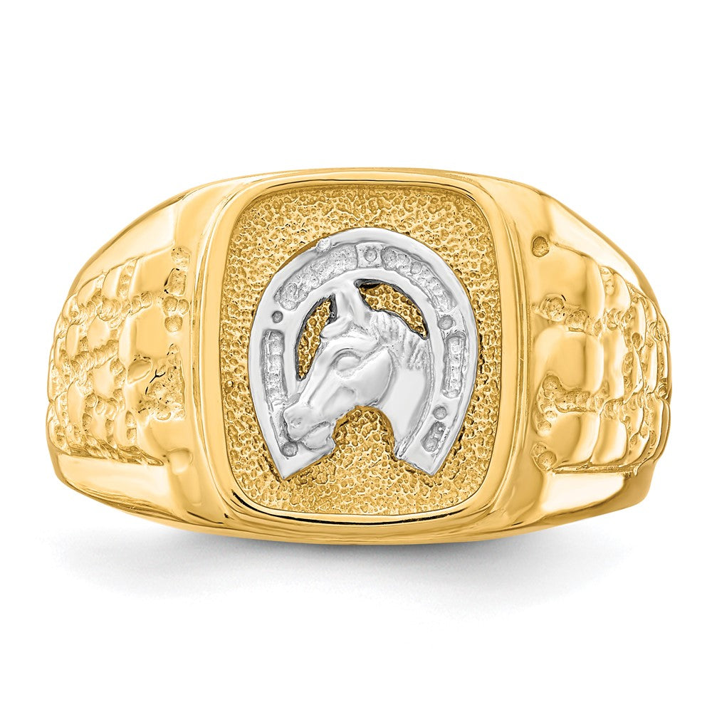 10K Two-Tone Gold Horseshoe with Horse Head Mens Ring