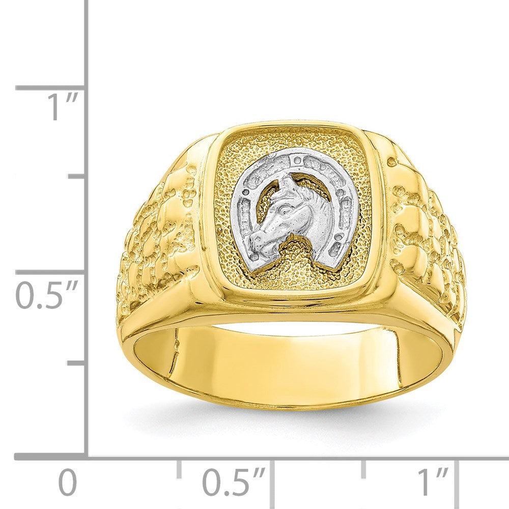 10K Two-Tone Gold Horseshoe with Horse Head Mens Ring