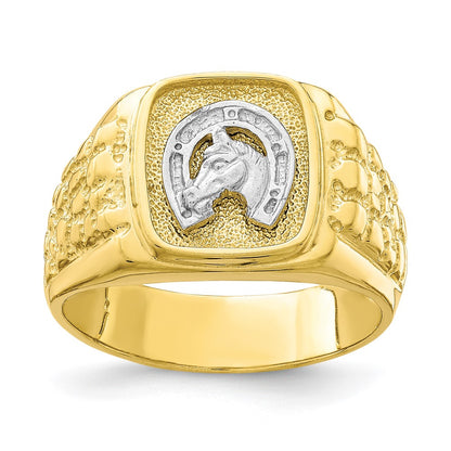 10K Two-Tone Gold Horseshoe with Horse Head Mens Ring