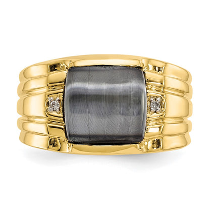 10K Yellow Gold Gray Cats Eye & .01ct Real Diamond Mens Ring
