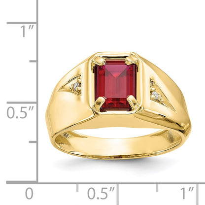 10K Yellow Gold Created Ruby & .02ct Real Diamond Men's Ring