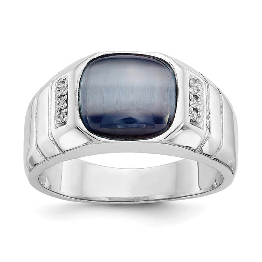 14K White Gold Real Diamond and Grey Cat's Eye Ring