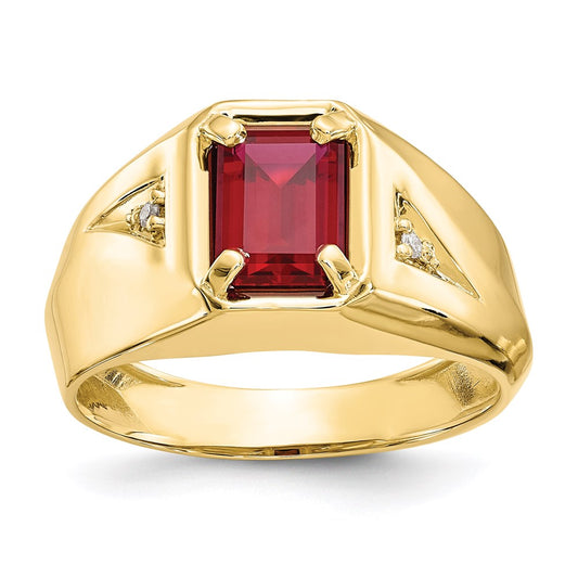 10K Yellow Gold Created Ruby & .02ct Real Diamond Men's Ring