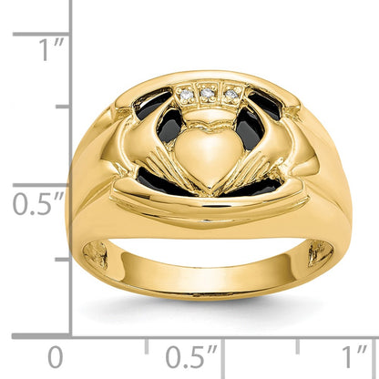10K Yellow Gold Men's Real Diamond and Black Onyx Claddagh Ring