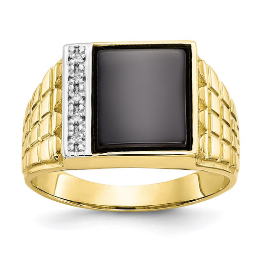 10K Yellow Gold Onyx & .03ct Real Diamond Men's Ring
