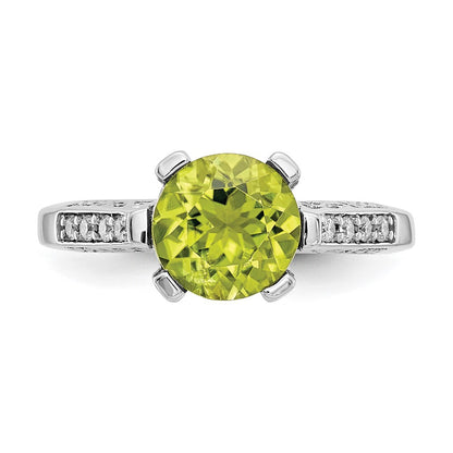 Real Diamond & 8x8mm Peridot Birthstone Gemstone Engagement Ring in 14K White Gold