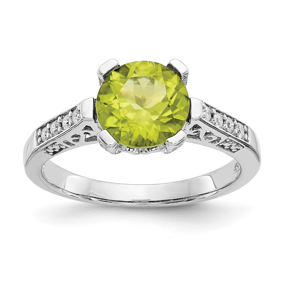 Real Diamond & 8x8mm Peridot Birthstone Gemstone Engagement Ring in 14K White Gold