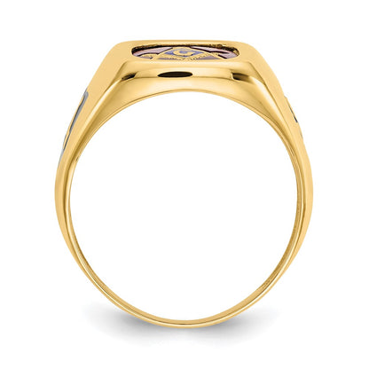 10k Yellow Gold Men's Polished and Textured with Black Enamel and Lab Created Ruby Masonic Ring
