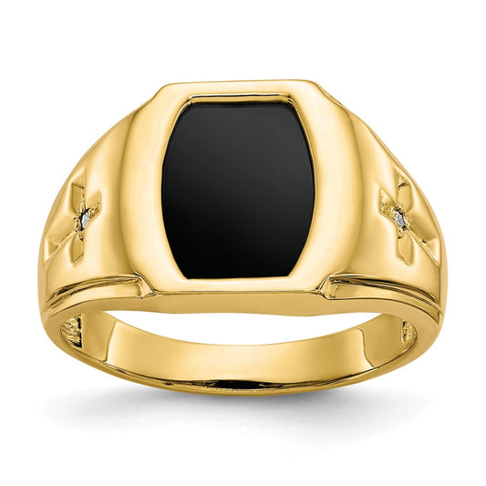 10K Yellow Gold Onyx & .01ct Real Diamond Mens Cross Ring