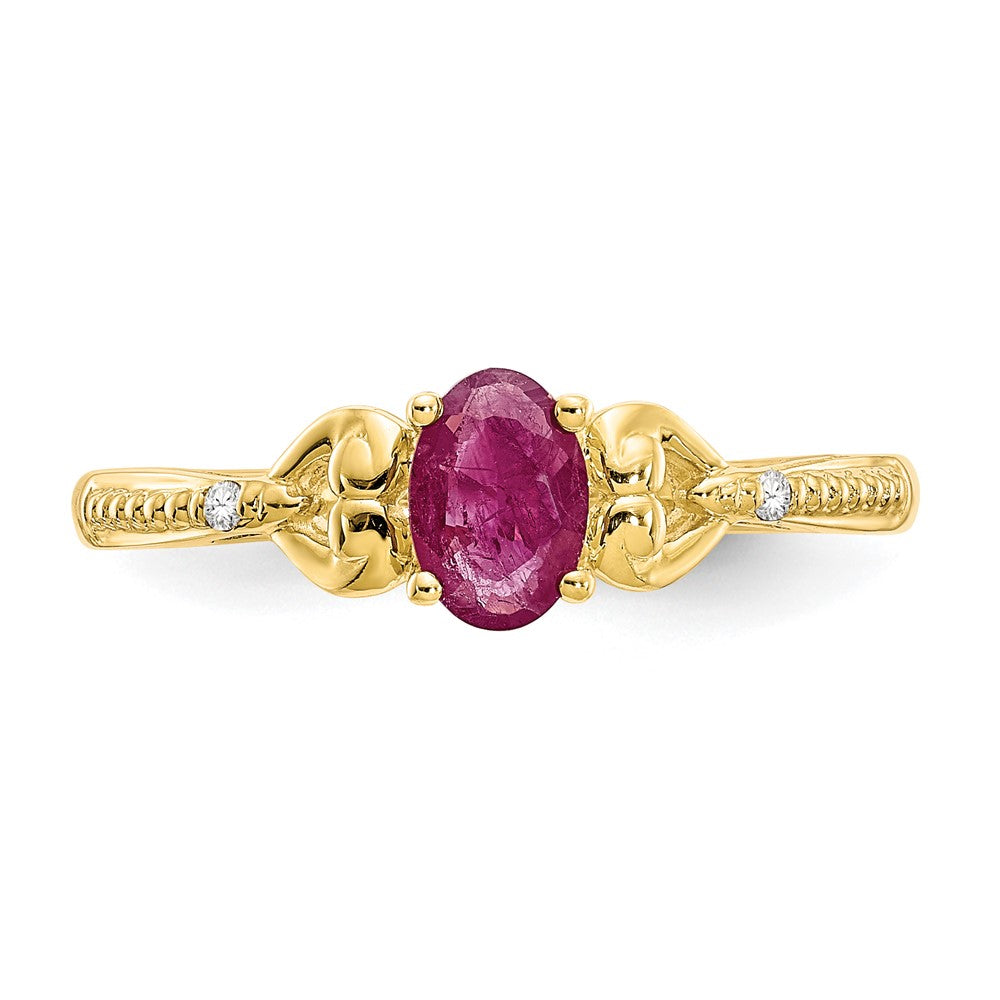 Real 6x4mm Oval Ruby Diamond Ring 10K Yellow Gold July Birthstone Jewelry