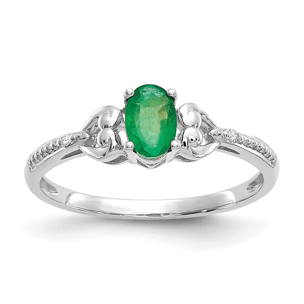 14K White Gold Emerald and Real Diamond Ring