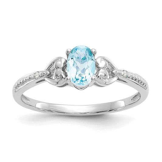 14K White Gold Swiss Blue Topaz and Real Diamond Ring