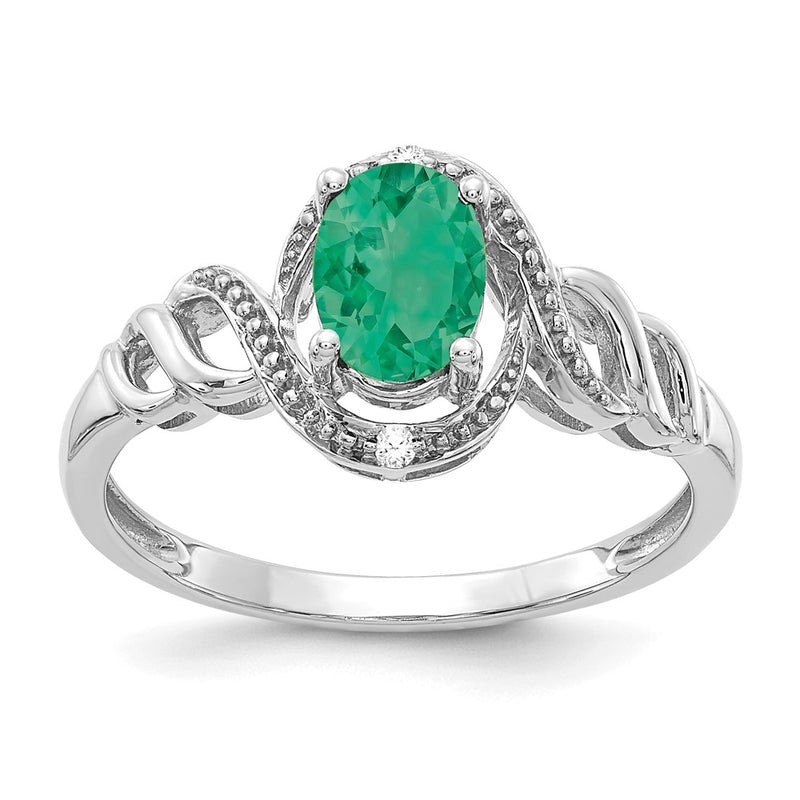 14K White Gold Emerald and Real Diamond Ring