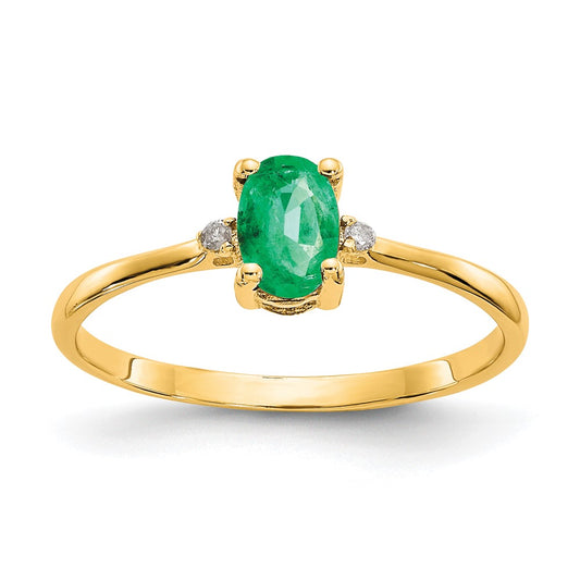 10K Yellow Gold Polished Geniune Real Diamond & Emerald Birthstone Ring