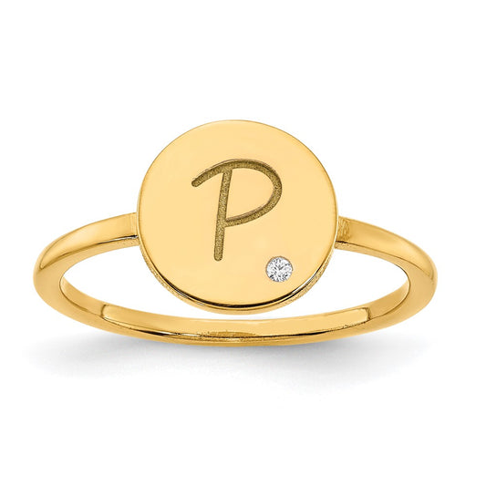 10K Yellow Gold Initial Circle with Real Diamond Signet Ring