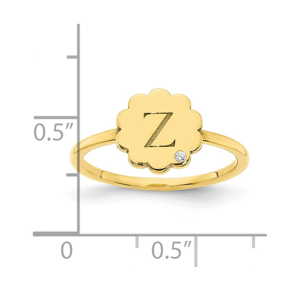 10K Yellow Gold Initial Flower with Real Diamond Signet Ring