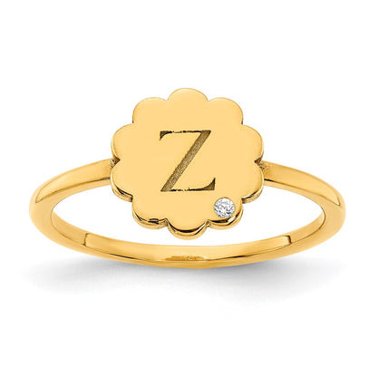 10K Yellow Gold Initial Flower with Real Diamond Signet Ring