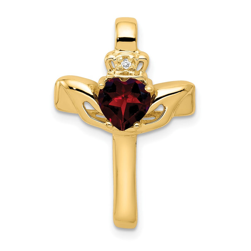 10k Yellow Gold Garnet & AA Diamond Claddagh Cross Pendant