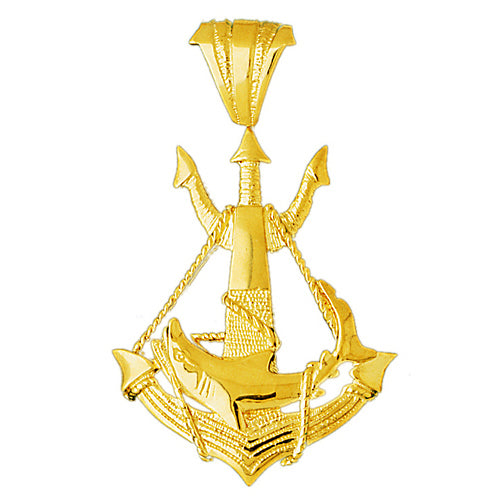 14K Gold Shark Caught In Sailor Ship Anchor Pendant