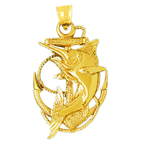 14K Gold Marlin Fish Caught In Ship Anchor Pendant