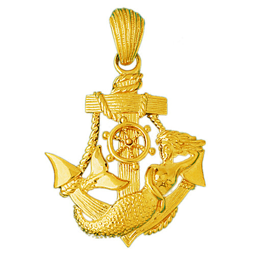 14K Gold Mermaid and Sailor Ship Anchor Pendant