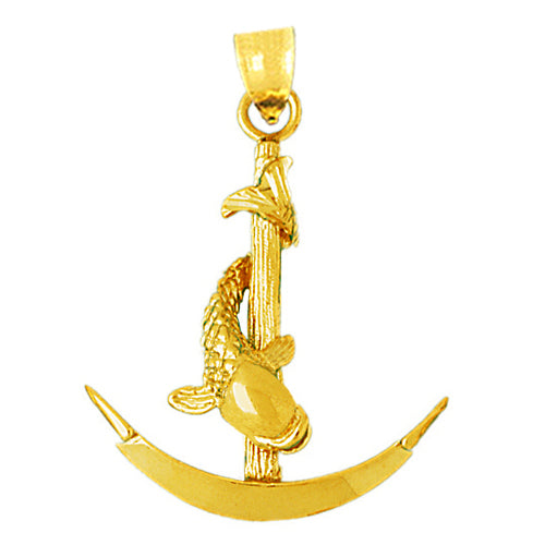 14K Gold 3D Fish Wrapped Around Ship Anchor Pendant